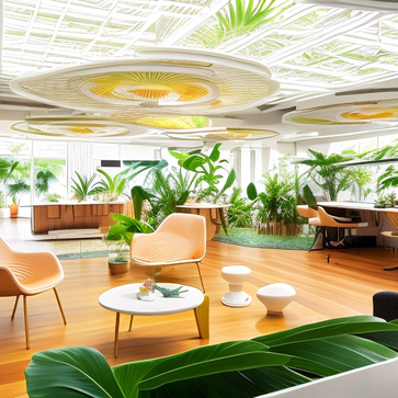 sunny, rainforest style, tropical plants, flamingo pattern, bird of paradise flowers, light beige table, office, futuristic style